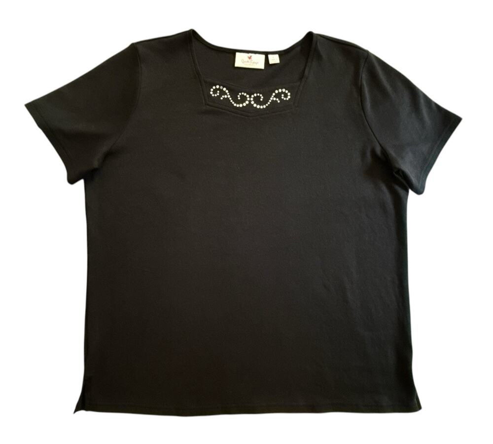 Quacker Factory Sparkle & Shine Inset Black Short Sleeve Top Womens Large